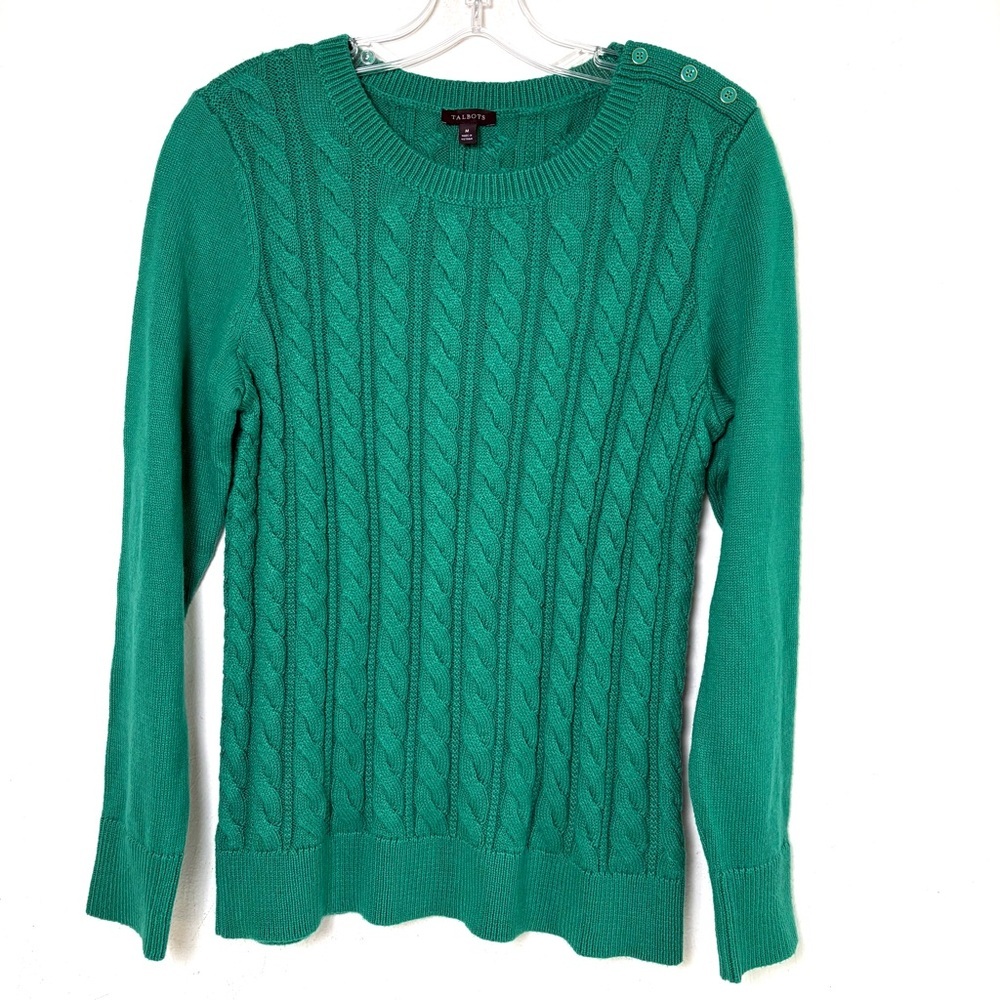TALBOTS Kelly Green Cable Knit Crew Neck Cotton Blend Sweater *New w Tags* M - Picture 3 of 11